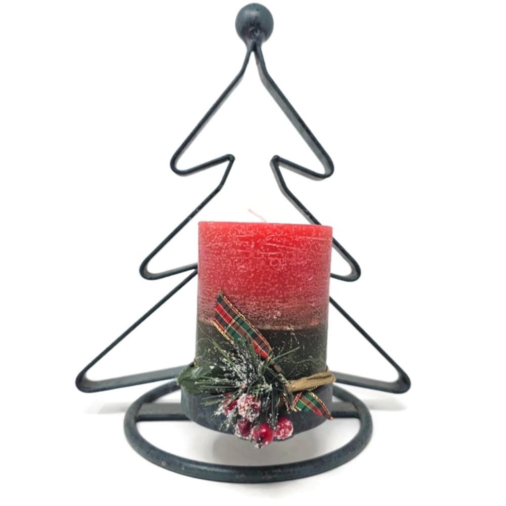 Rustic Green Vintage Iron Christmas Tree Pillar Candle Holder